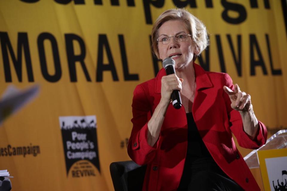 Elizabeth Warren speaking at the event.