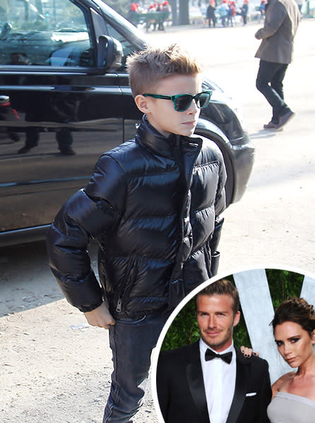 <div class="caption-credit"> Photo by: Splashnews.com/Getty</div><b>Romeo Beckham</b> <br> The 10-year-old son of celebrity royalty Victoria and David Beckham made his modeling debut in a <a href="http://www.dailymail.co.uk/tvshowbiz/article-2258894/Romeo-Beckham-takes-fashion-career-new-heights-fronts-Sunset-Strip-billboard-Burberry.html" rel="nofollow noopener" target="_blank" data-ylk="slk:cheeky campaign;elm:context_link;itc:0;sec:content-canvas" class="link ">cheeky campaign</a> for Burberry's Spring 2013 collection where he appears goofing around with a pair of adult models. Before she was Posh Spice, Victoria was a model and later became brand ambassador for Dolce & Gabbana. Now she has her own clothing line and dad David has stripped down for underwear ads for H&M and Giorgio Armani.