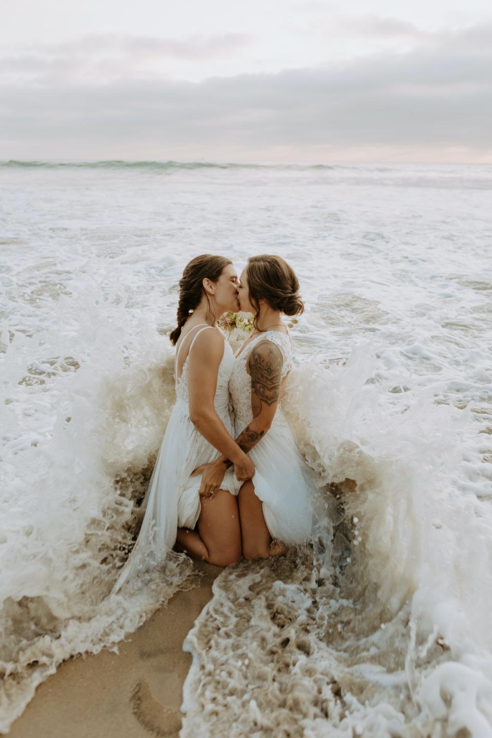 The brides had to power through shooting in what English described as frigid cold waters.