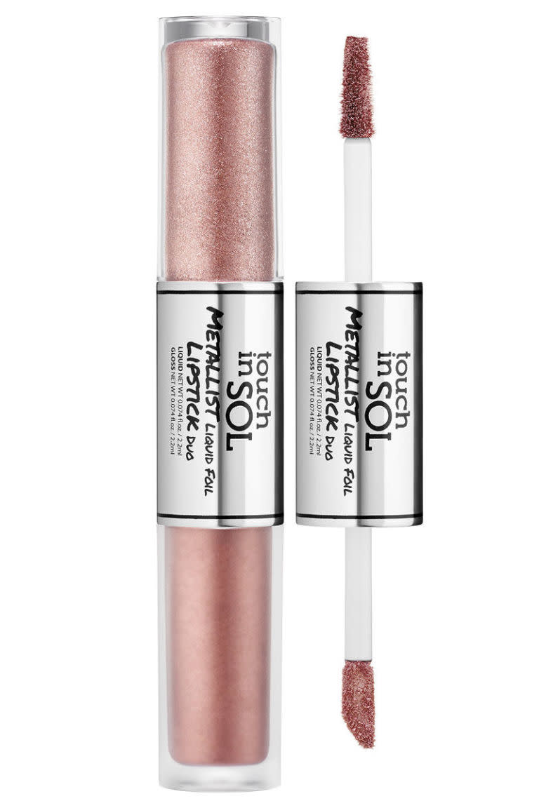 <p>On one end is a matte (yet somehow also metallic?) liquid base color, while on the other is a glittery gloss topper. Wear them alone or layer them together for a major beauty moment.</p><p>Touch In Sol Metallist Liquid Foil Lipstick Duo in Penny, $25.00, <a rel="nofollow noopener" href="http://m.sephora.com/product/P416137?skuId=1902303&icid2=unnude_lp_metallic_carousel&productId=P416137" target="_blank" data-ylk="slk:sephora.com;elm:context_link;itc:0;sec:content-canvas" class="link ">sephora.com</a>.</p>