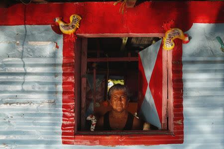 A woman named Alida poses at the window of her stilt house in the village of Ologa in the western state of Zulia October 23, 2014. REUTERS/Jorge Silva