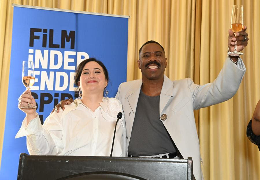 Oscar contenders Lily Gladstone (Left) and Colman Domingo (Right) lead a toast to independently produced movies with Brad Pitt’s Miraval Petite Fleur Rosé Champagne at the Film Independent Spirit Awards Nominee Brunch at Hotel Casa del Mar in Santa Monica. (Jon Kopaloff/Getty Images for Film Independent Spirit Awards Nominee Brunch)