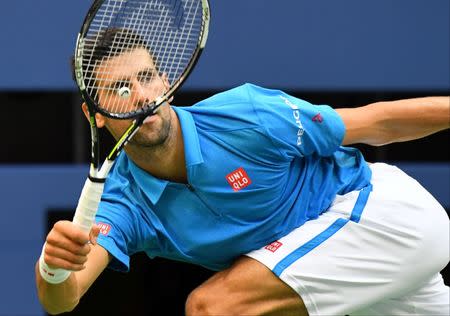 Sept 11, 2016; New York, NY, USA; Novak Djokovic of Serbia hits to Stan Wawrinka of Switzerland in the men's singles final on day fourteen of the 2016 U.S. Open tennis tournament at USTA Billie Jean King National Tennis Center. Mandatory Credit: Robert Deutsch-USA TODAY Sports