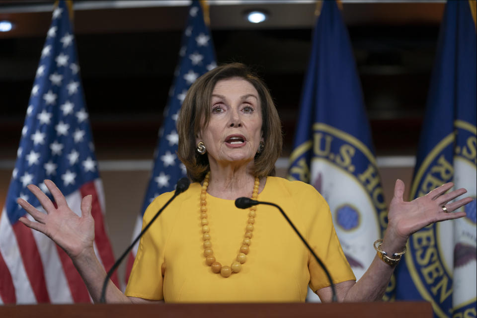 Speaker of the House Nancy Pelosi, D-Calif., meets with reporters before joining congressional leaders at a closed-door security briefing on the rising tensions with Iran, at the Capitol in Washington, Thursday, June 20, 2019. (AP Photo/J. Scott Applewhite)