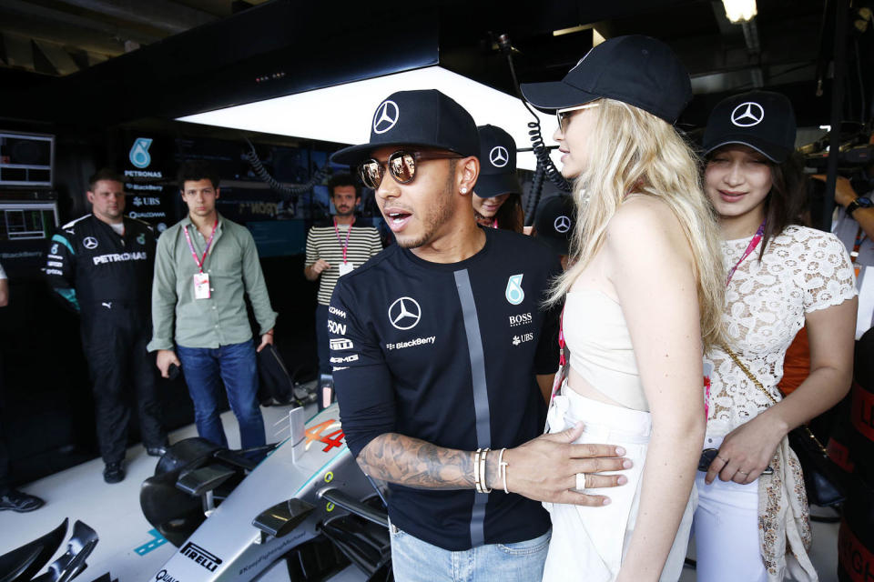 Lewis Hamilton with Gigi Hadid in 2015. (Hoch Zwei / Corbis via Getty Images)