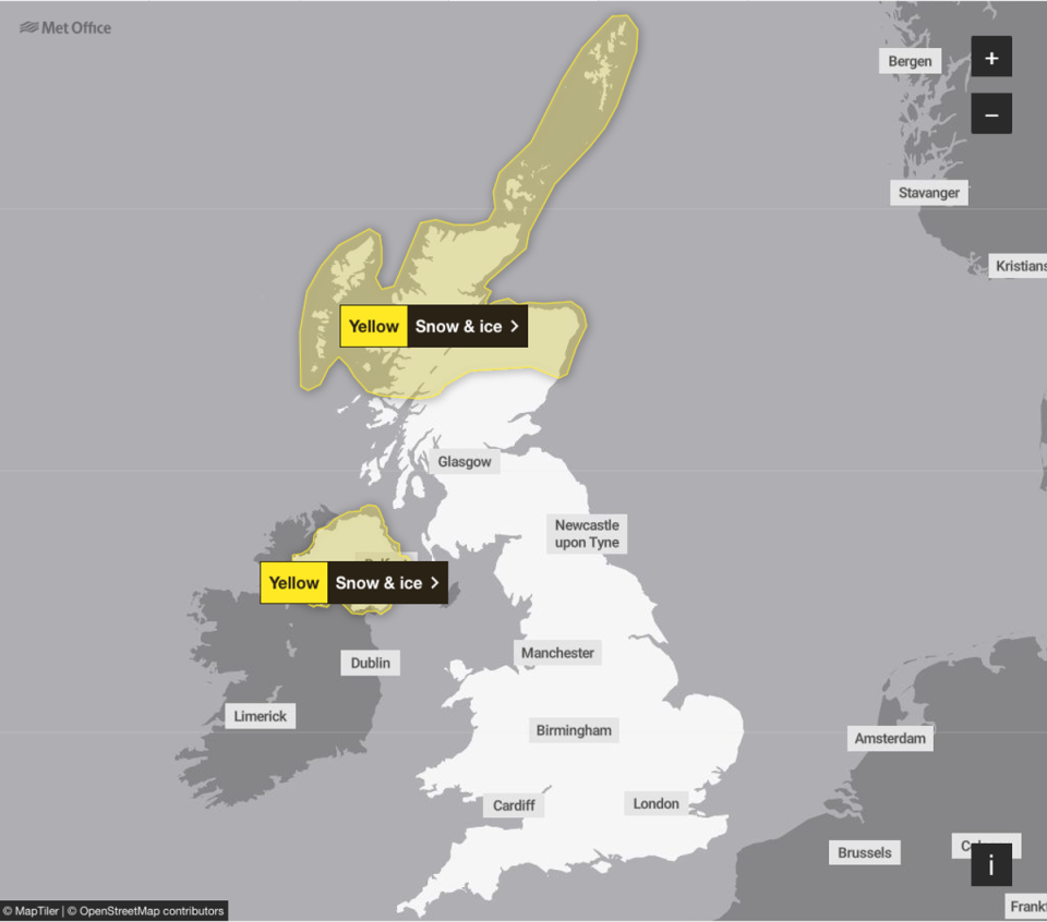 Monday’s weather warnings cover Scotland and Northern Ireland but it will be cold across the UK (Met Office)