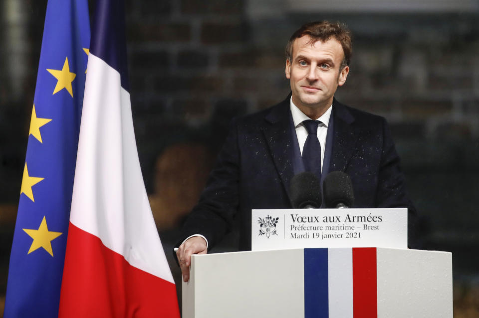 French President Emmanuel Macron speaks during his New Year's speech to the French Armed Forces at Brest naval training center, western France, Tuesday, Jan. 19, 2021. (Stephane Mahe/Pool Photo via AP)