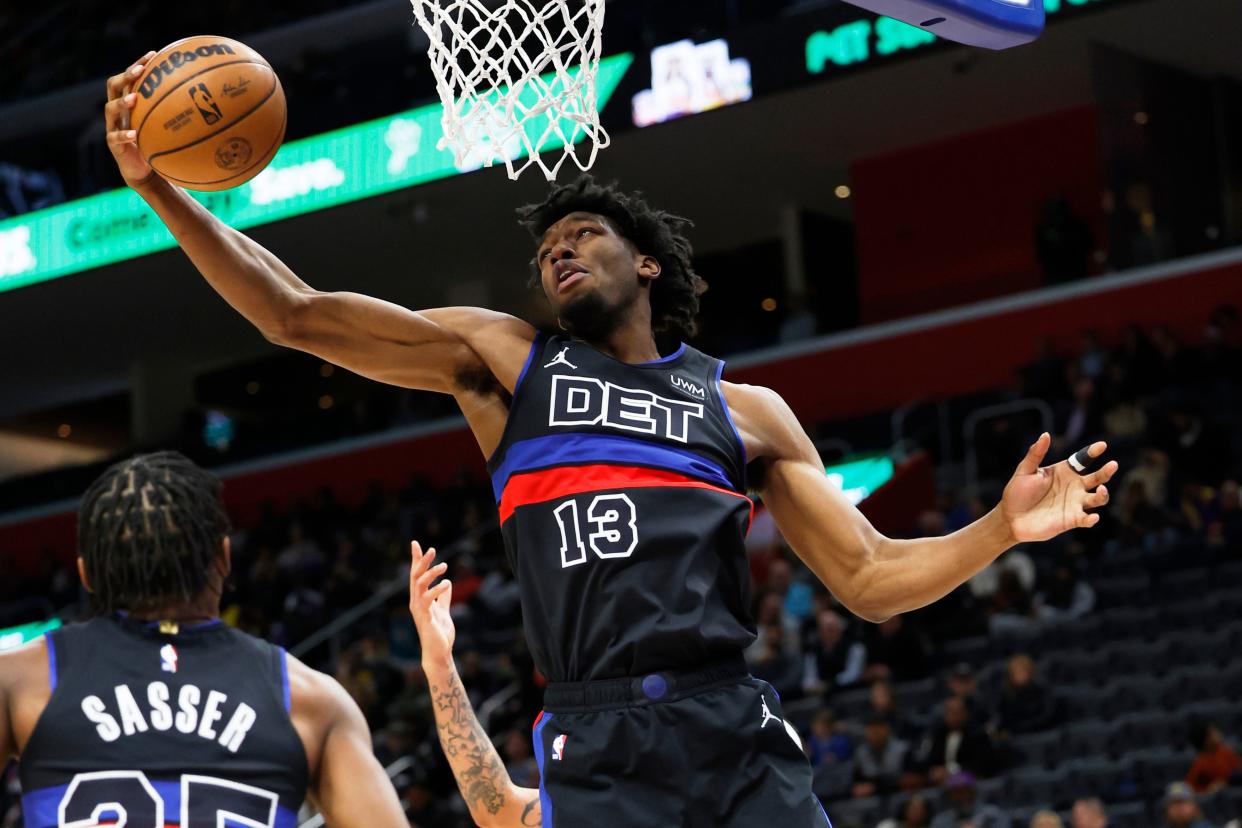 Pistons center James Wiseman grabs a rebound in the first half against the Lakers on Wednesday, Nov. 29, 2023, at Little Caesars Arena.