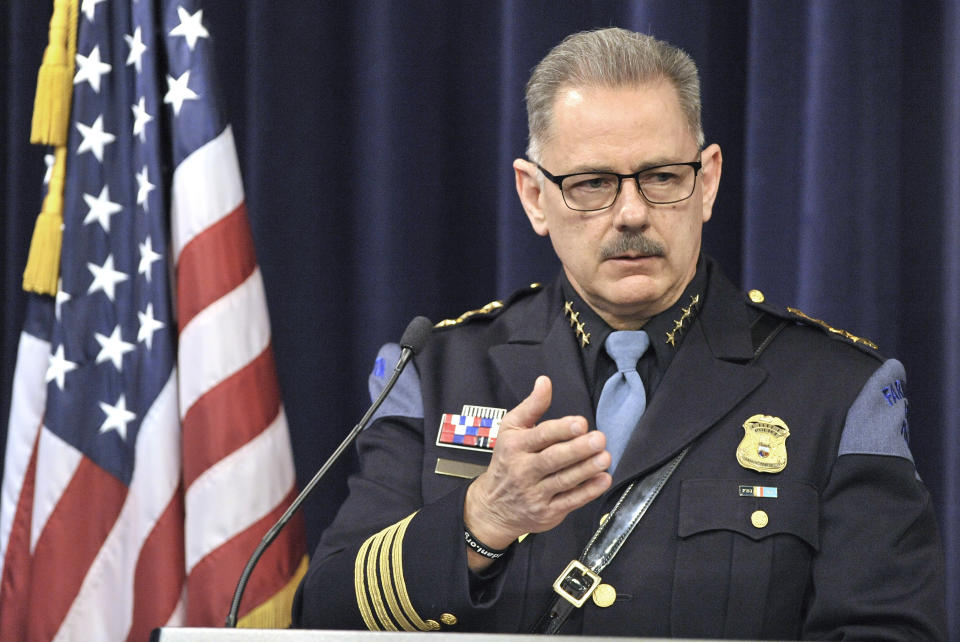 Farmington Hills Police Chief Chuck Nebus addresses the media about the charge of first-degree, pre-meditated murder against Floyd Galloway, Jr. for the murder of 28-year-old Danielle Stislicki, who went missing December 2, 2016 and has never been found, during a press conference in Lansing, Michigan on Tuesday, March 5, 2019. (Todd McInturf/Detroit News via AP)