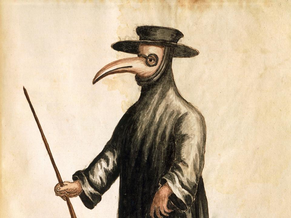 Plague doctor illustration with a long beak mask and top hat.