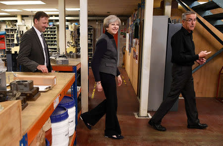 Britain's Prime Minister Theresa May makes a campaign stop at a company in St Yves, Cornwall, May 2, 2017. REUTERS/Dylan Martinez