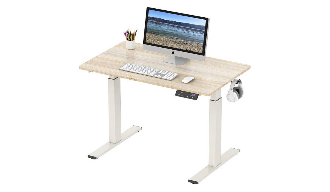 This desk comes with a cable management basket organizer to keep clutter in check.