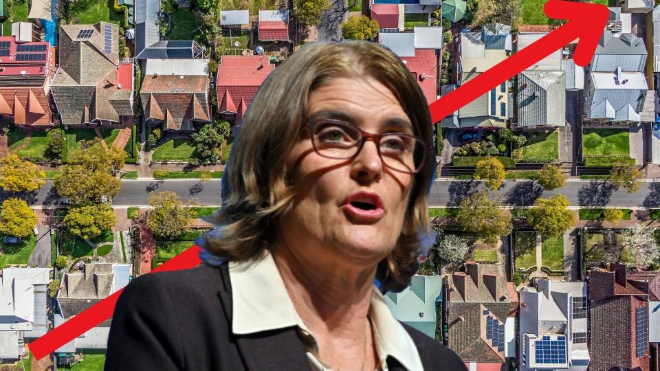 Compilation image of RBA governor Michelle Bullock on a background of houses and a red arrow