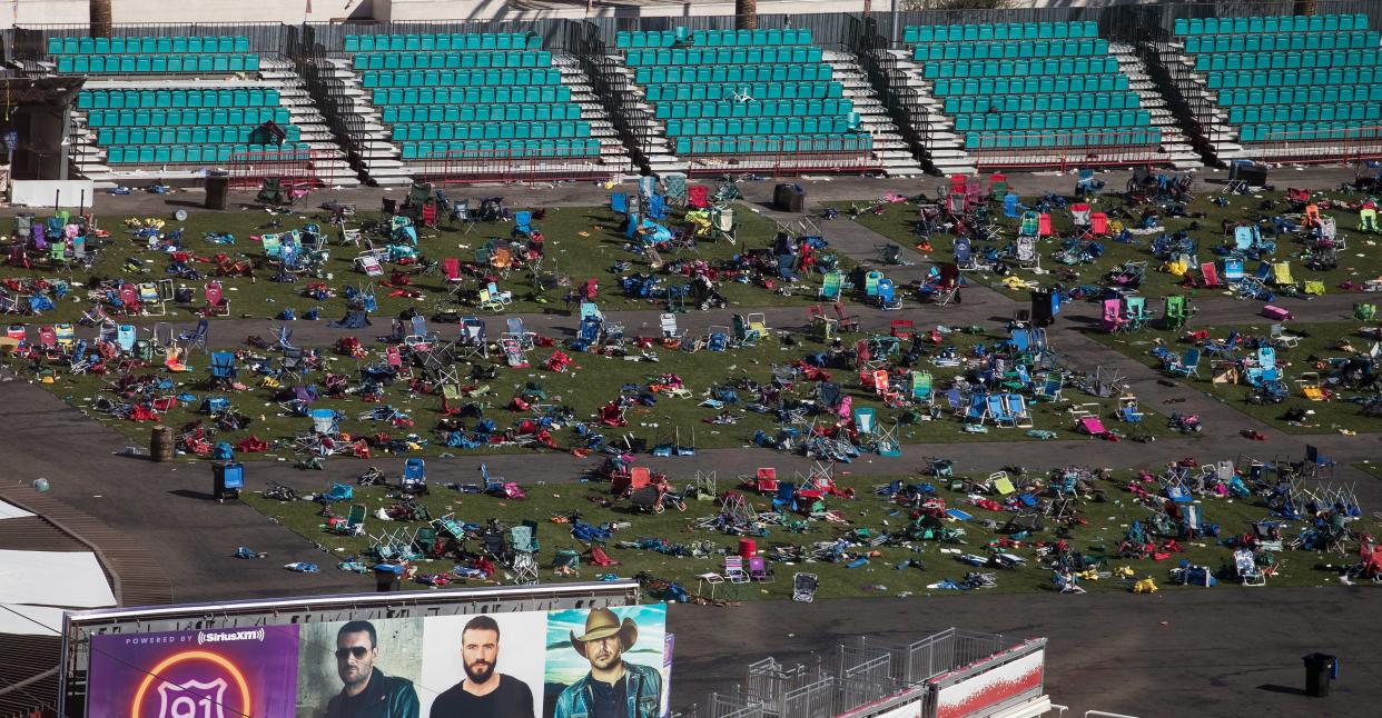 Scattered belongings remain at the site of the Oct. 1 mass shooting in Las Vegas. Just two days before,&nbsp;thousands of people were enjoying a concert here, when bullets began raining down on the crowd. (Photo: Drew Angerer via Getty Images)