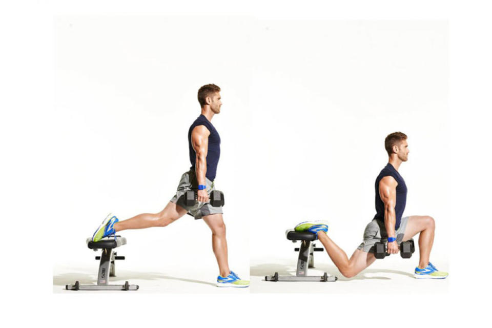 How to Do It:<ol><li>Stand lunge-length in front of a bench with a dumbbell in each hand and rest the top of your left foot on the bench behind you. </li><li>Lower your body until your rear knee nearly touches the floor and your front thigh is parallel to the floor, then drive through your front foot to return to start. That's 1 rep. Repeat. </li></ol>