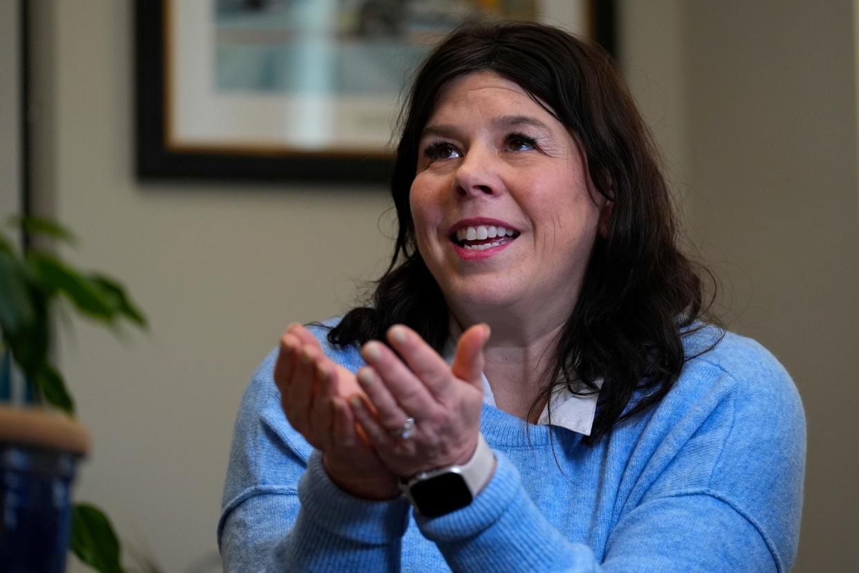 Kerry Norton, RN, the executive director at the Hope on Haven Hill, gestures during an interview at the women's care facility she co-founded, Friday, Jan. 12, 2024, in Rochester, N.H. Drug overdose deaths in New Hampshire have increased in recent years, and some residents want to hear more from the presidential candidates about how they'd help.