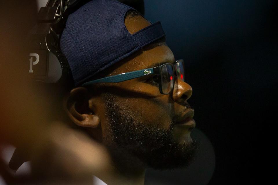 The Benjamin School coaching staff sends words of instruction and encouragement to their players during FHSAA boys football action as host The Benjamin School Buccaneers take on the Gulliver Prep Raiders in Palm Beach Gardens, Fla., on September 14, 2023.