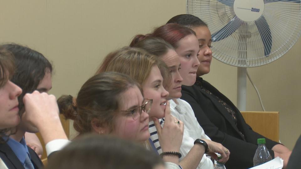 High school students participating in a mock trial at the Superior Court of Justice in Windsor.