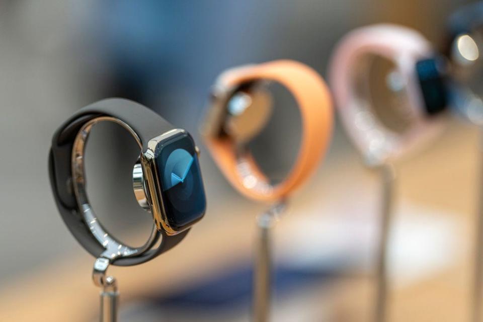 A photo of some Apple Watches on display.