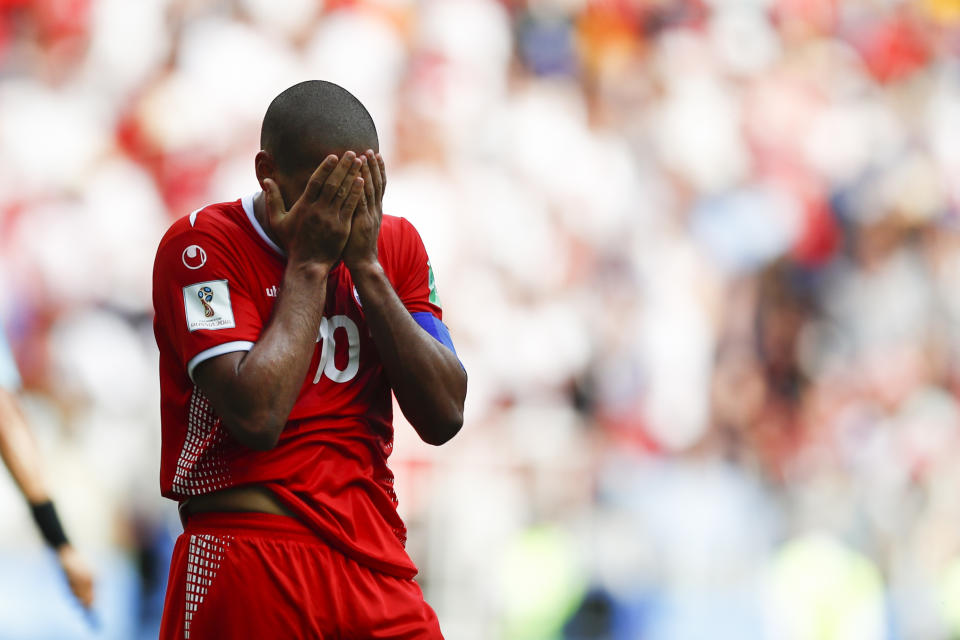 <p>Tunisia’s Wahbi Khazri reacts after missing a chance to score. </p>