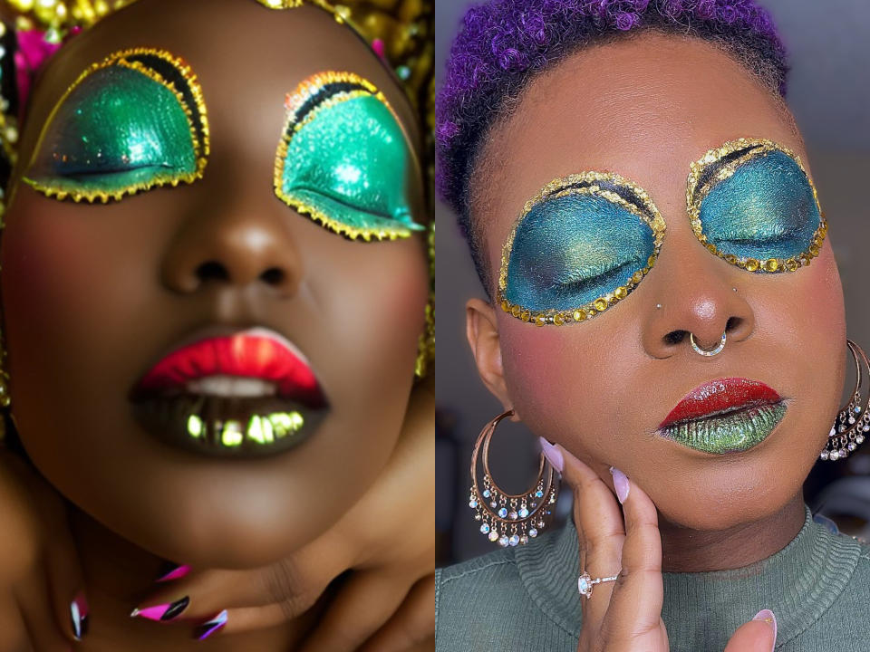 Prompt: Close-up portrait of a stunning Black woman in whimsical makeup, metallic eyeshadow, bold lipstick, heavy blush, rhinestones scattered across her face, long sharp eyeliner, colorful, AfrofuturismFor the final day of my experiment, I based my prompt on a December 2022 Vogue article predicting “The 5 Biggest Makeup Trends of 2023.” I tweaked the keywords as needed to make sure the AI could actually decode what I meant to say. “Bold lip” and “bold lipstick” can mean very different things to an AI, for instance. The result was my second-favorite look: The eye makeup was avant-garde and over the top, while the unconventional two-toned lipstick combo screamed “glamorous Christmas.” It was different. It was weird. It was awesome.Despite all the controversy surrounding AI art, I just can’t help feeling excited about the endless possibilities it offers to creators who aren’t afraid to have fun with it. Maybe I’ll let it choose my hairstyle next!