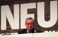 Michael Gove the Secretary of State for Environment, Food and Rural Affairs smiles after speaking during the National Farmers Union annual conference in Birmingham, Britain February 20, 2018. REUTERS/Darren Staples