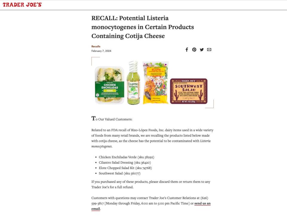 Screenshot of Trader Joe's recall.