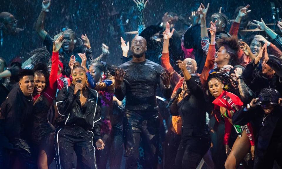 Stormzy performing at the 2021 Brit awards.