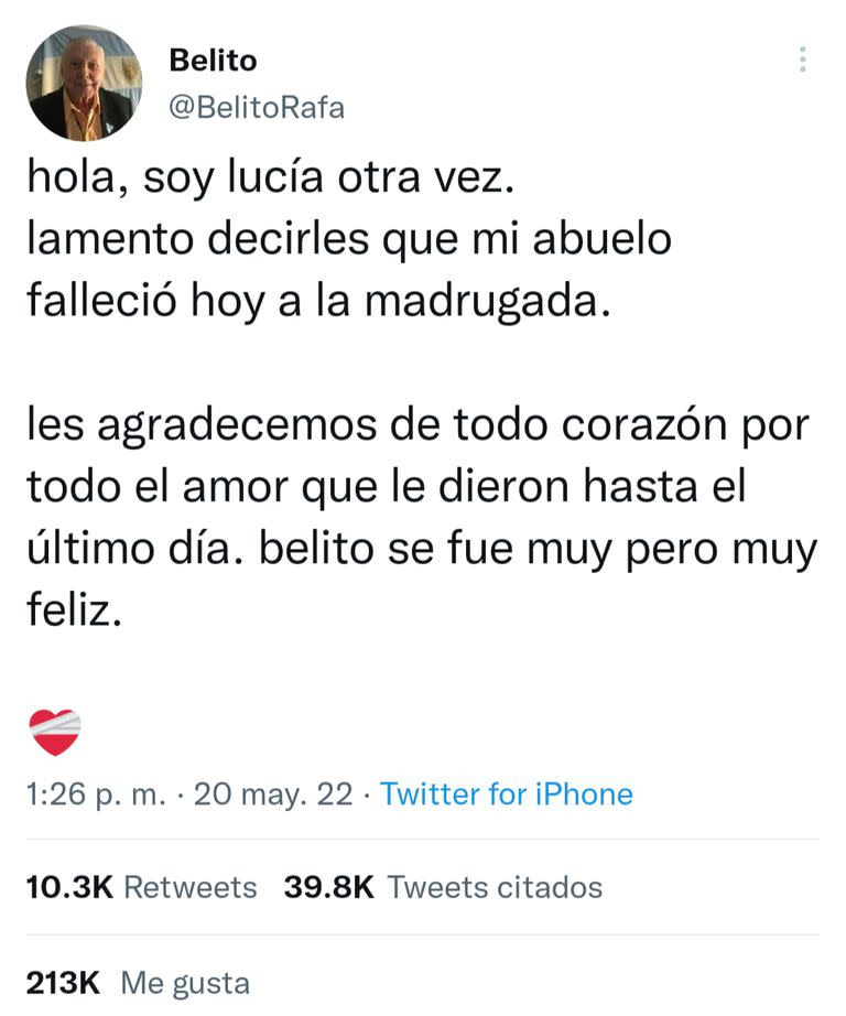 Lucía, la nieta de Belito, anunció su muerte a través de Twitter