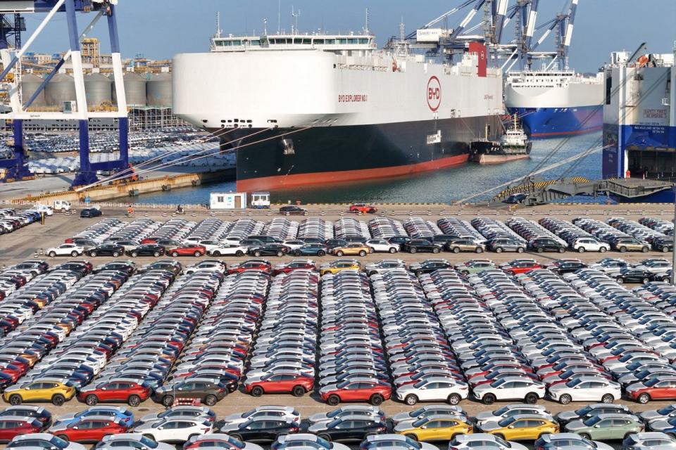 Electric cars waiting to be exported in China’s Shandong province.