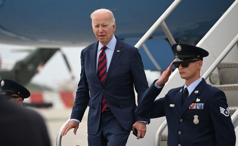 President Biden disembarks from Air Force One at Los Angeles International Airport.