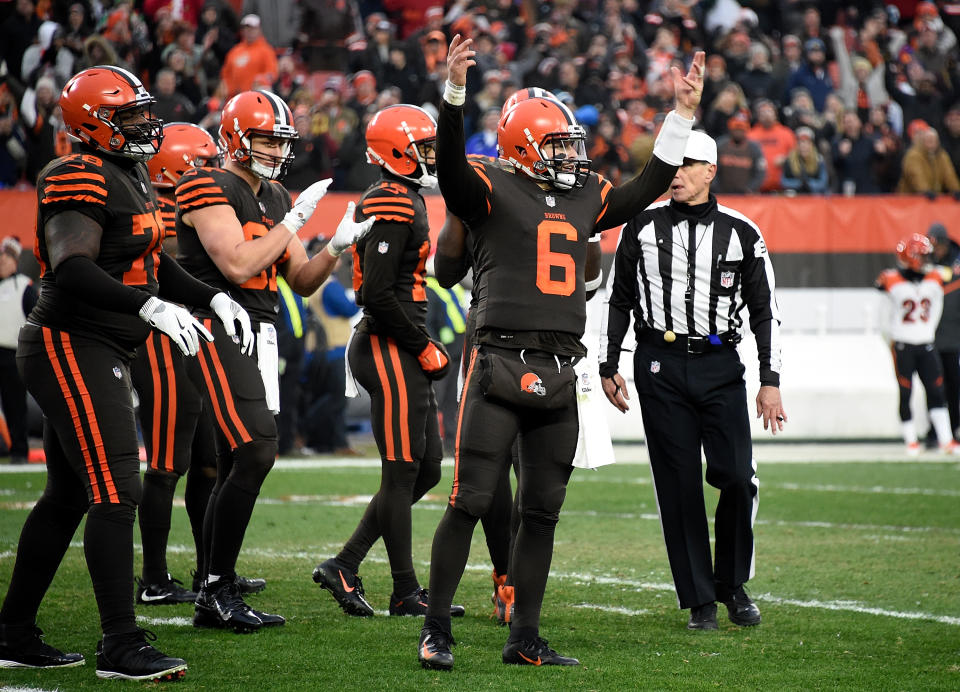 Baker Mayfield (6) of the Cleveland Browns reacts after a 26-18 win over the Cincinnati Bengals at FirstEnergy Stadium on December 23, 2018 in Cleveland, Ohio. (Jason Miller/Getty Images)