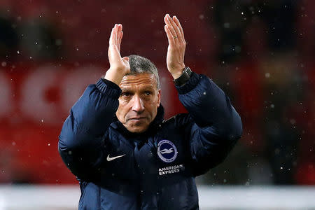 Soccer Football - FA Cup Quarter Final - Manchester United vs Brighton & Hove Albion - Old Trafford, Manchester, Britain - March 17, 2018 Brighton manager Chris Hughton applauds fans after the match REUTERS/Andrew Yates