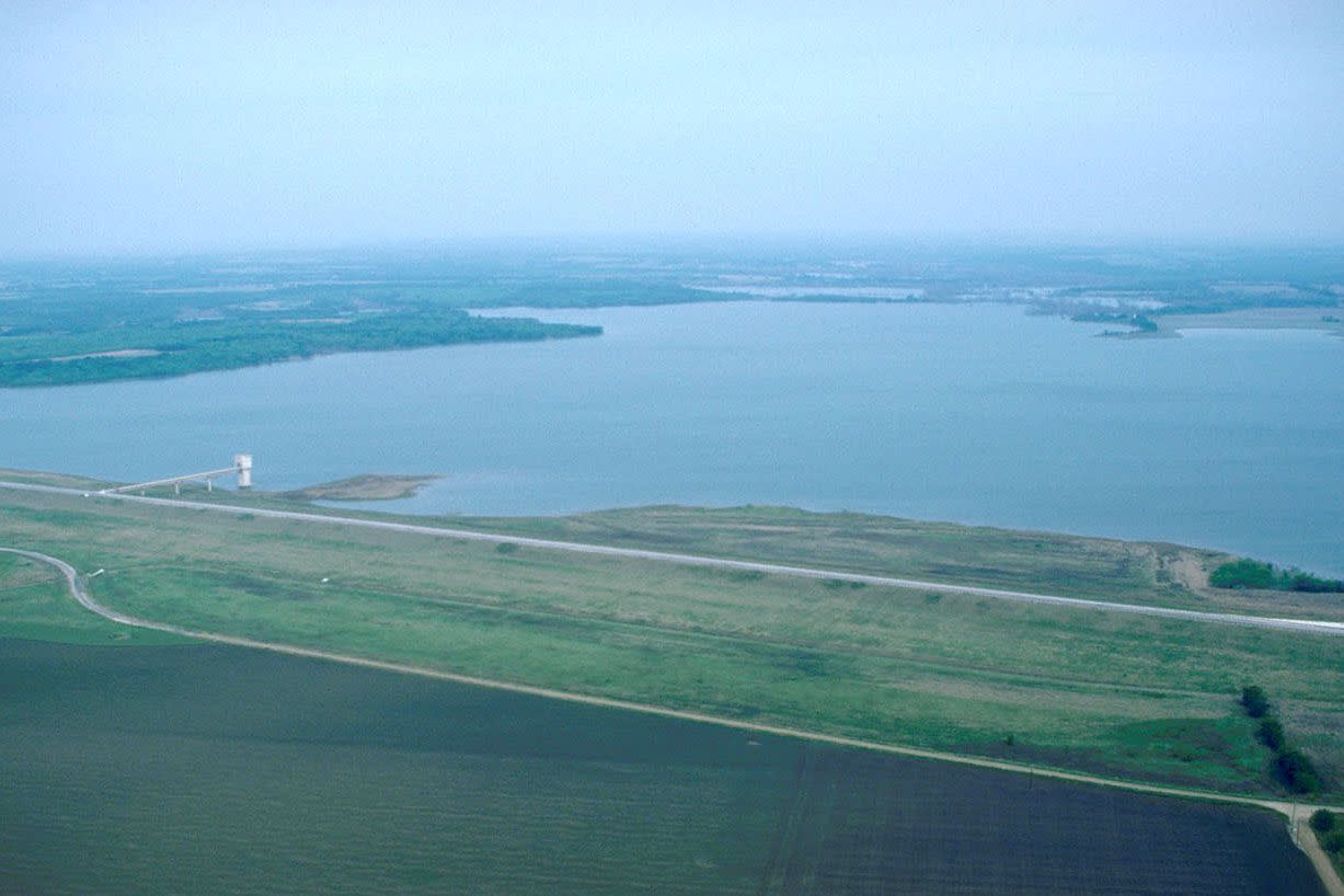 Aerial view of Aquilla Lake and Dam on the Aquilla and Hackberry Creeks in Hill County, Texas, USA.