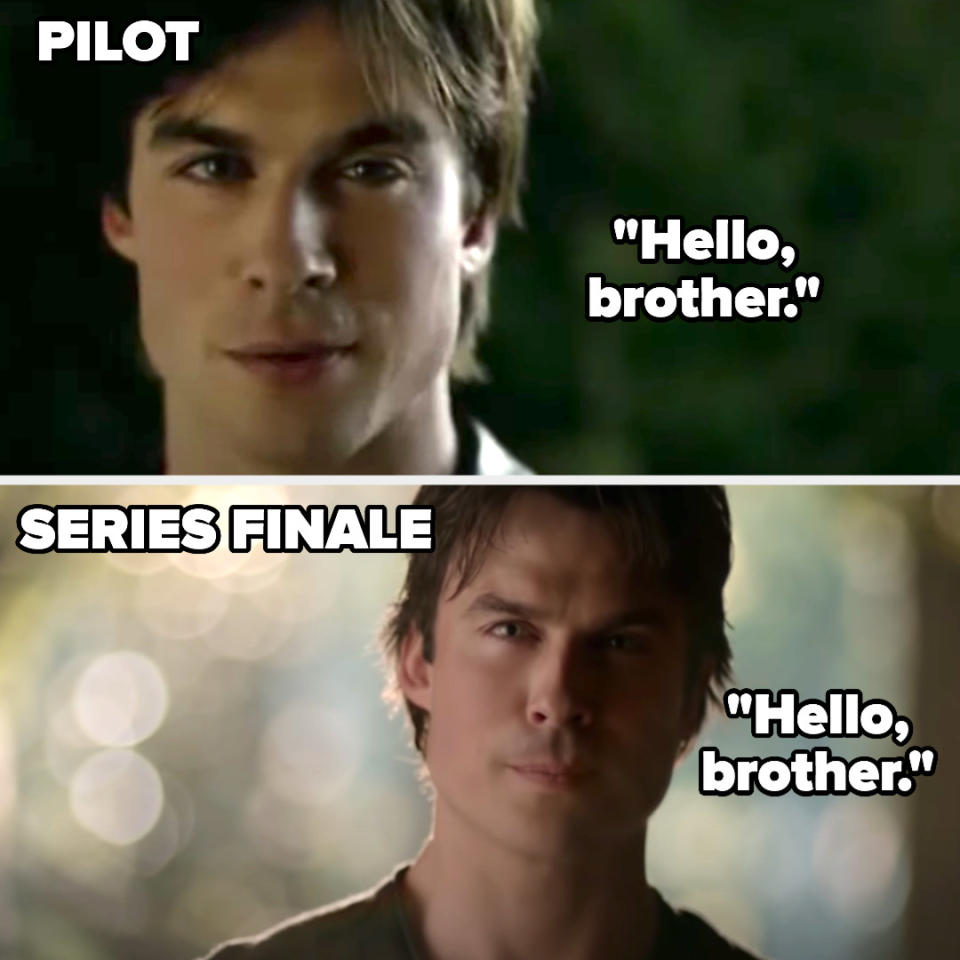Damon saying "hello brother" in the pilot and finale