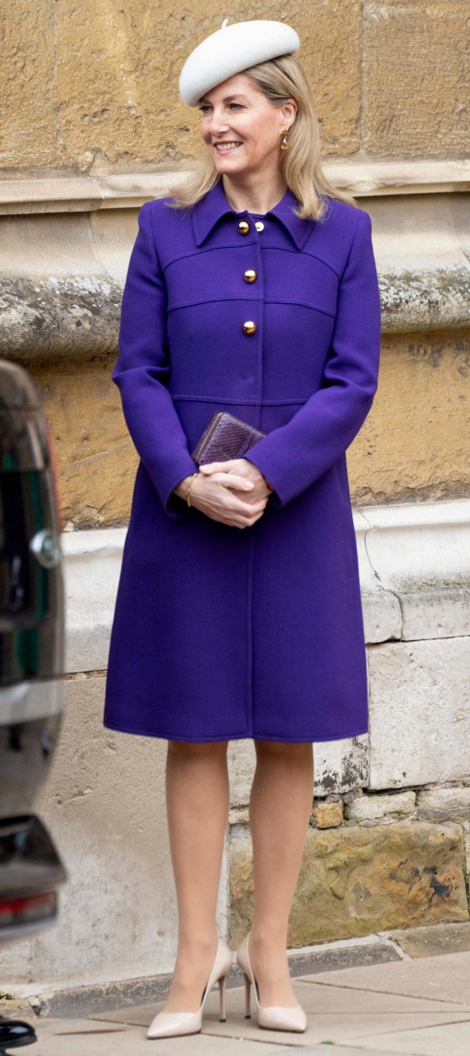 The Duchess of Edinburgh in a Prada coat at the Easter morning service in Windsor