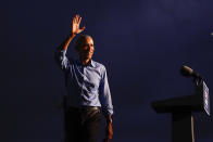 Former President Barack Obama waves after speaking at Citizens Bank Park as he campaigns for Democratic presidential candidate former Vice President Joe Biden, Wednesday, Oct. 21, 2020, in Philadelphia. (AP Photo/ Matt Slocum)