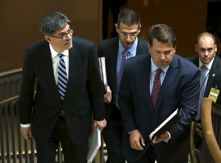 U.S. Secretary of the Treasury Secretary Jack Lew (L) departs closed door briefings with U.S Senators and Secretary of State John Kerry (not pictured) on nuclear negotiations with Iran on Capitol Hill in Washington April 14, 2015. REUTERS/Gary Cameron