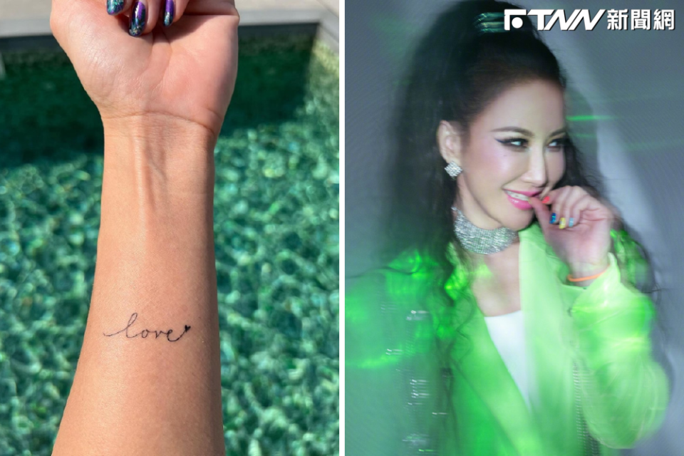 李玟去年12月31日在社群曬出手上的刺青照（左圖），表示「愛」和「信念」是她最愛的兩個字。（圖／CoCo Lee 李玟 臉書粉專）