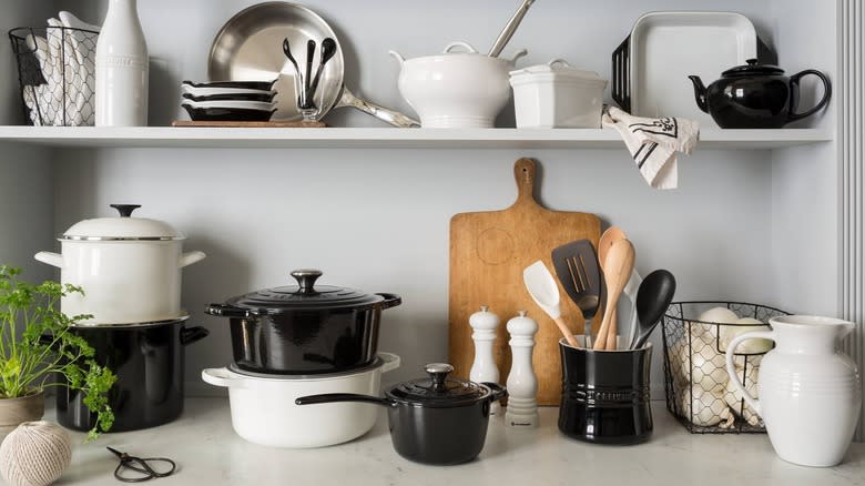 Collection of cookware and kitchen dishes from Le Creuset