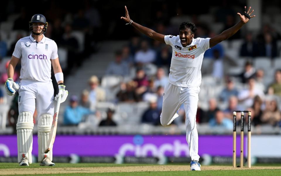 Milan Rathnayake of Sri Lanka celebrates dismissing Gus Atkinson