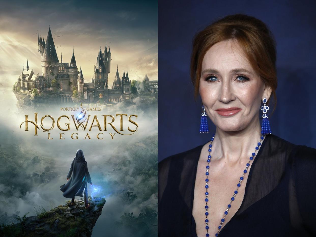 'Hogwarts Legacy' (left) is based on the bestselling Harry Potter series by JK Rowling (right) (Portkey Games/Getty)