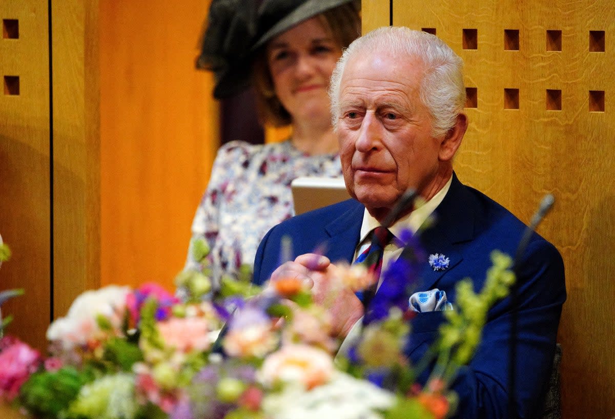 Britain's King Charles III visits the Senedd, the Welsh Parliament, to commemorate its 25th anniversary, in Cardiff on July 11 (POOL/AFP via Getty Images)