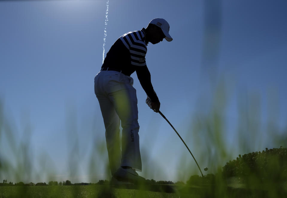 during a practice round for the Ryder Cup at Le Golf National in Saint-Quentin-en-Yvelines, outside Paris, France, Wednesday, Sept. 26, 2018. The 42nd Ryder Cup will be held in France from Sept. 28-30, 2018 at Le Golf National. (AP Photo/Alastair Grant)