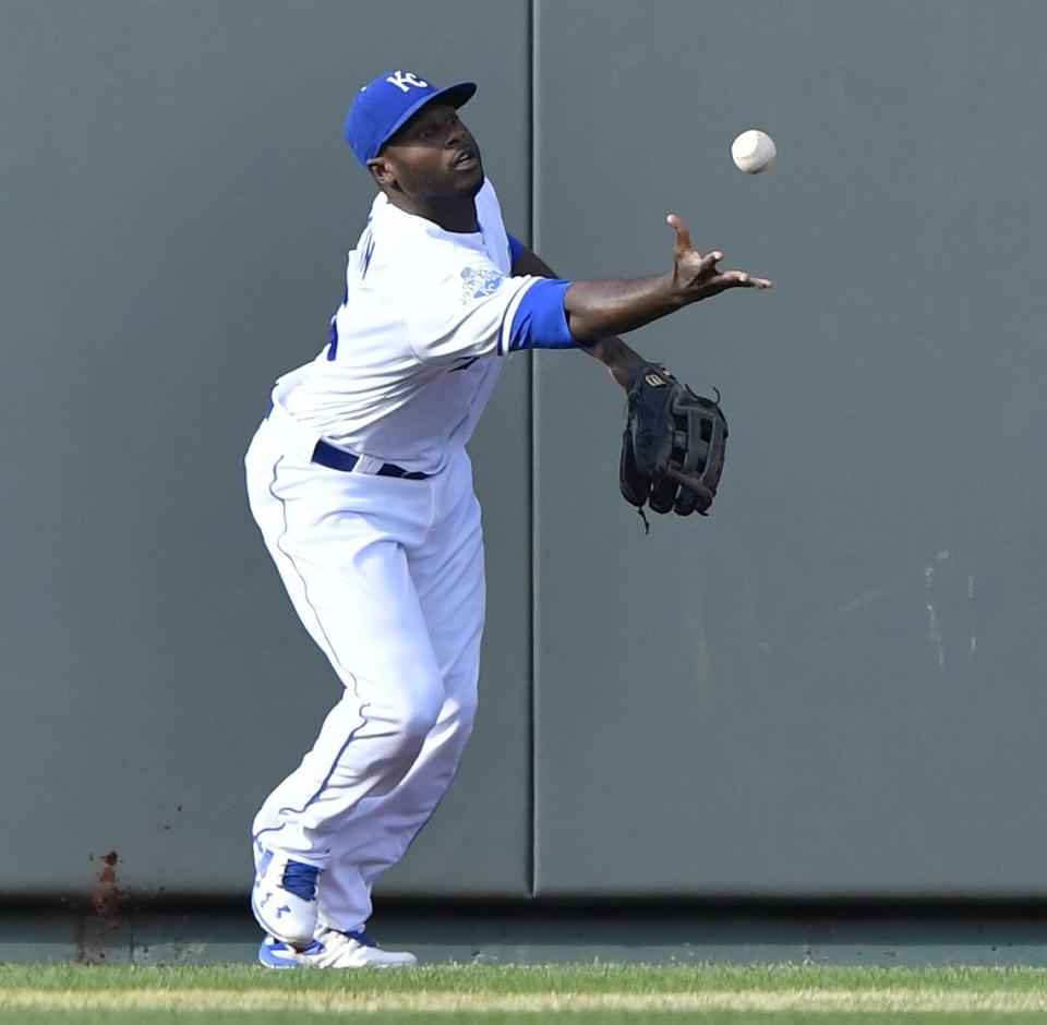 Kansas City Royals center fielder Lorenzo Cain chases a double off the wall by Houston Astros’ Jose Altuve in the first inning during a game on June 25, 2016 at Kauffman Stadium in Kansas City, Mo.