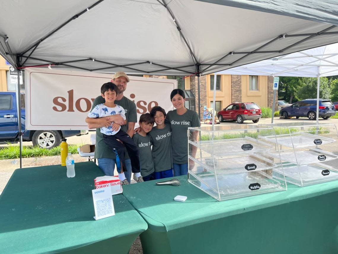 Jessica and Jeff Dunkel of Slow Rise, a popular doughnut maker, bring their three boys with them on farmers market days. Jessica Dunkel