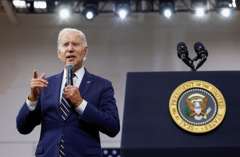 U.S. President Joe Biden visits the SK Siltron CSS facility in Bay City, Michigan