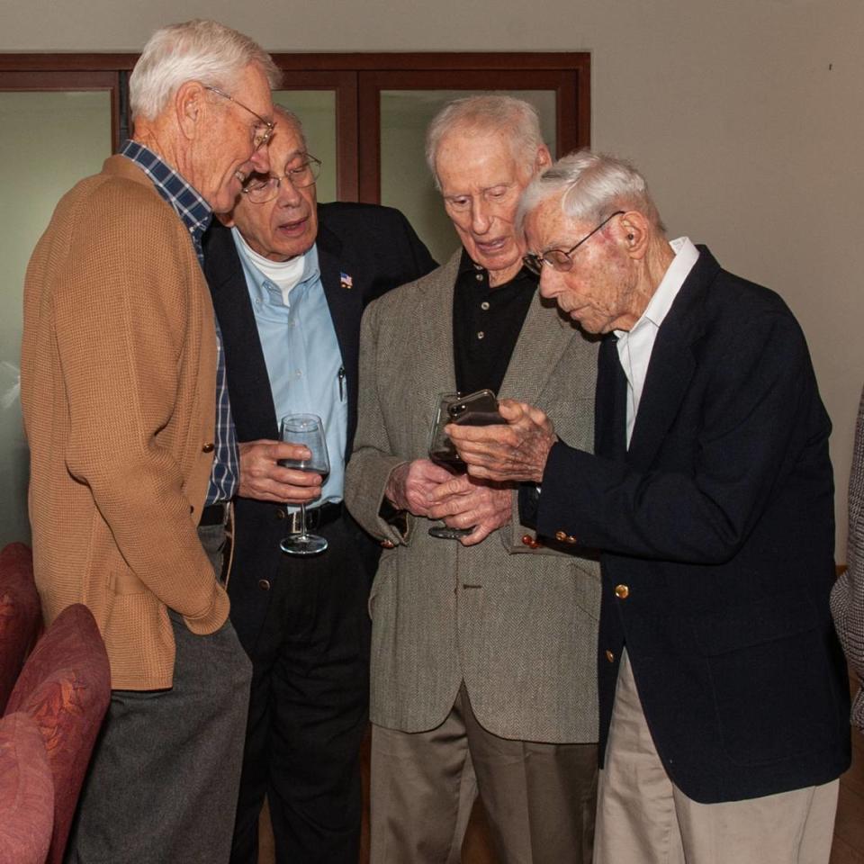 Former servicemen from World War II and the Vietnam War, as well as veterans of other conflicts, gathered in San Luis Obispo for Vandenberg’s Military Order of the World Wars chapter reunion on Jan. 19, 2024, at the the San Luis Obispo Country Club. From left, Cmdr. Richard Pottratz, Lt. j.g. Joseph Brocato, Capt. Jim Kunkle and Capt. Harry Moyer share stories ahead of the luncheon.