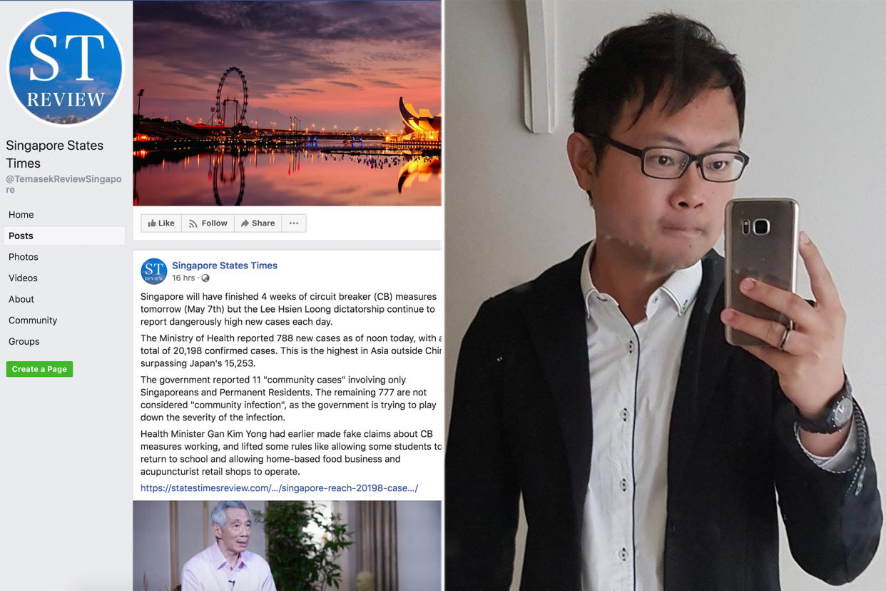 The Facebook pages of the Singapore States Times and its owner Alex Tan (right) have been classified as Declared Online Locations by MCI. (PHOTOS: Facebook screengrab / Facebook page of Alex Tan)