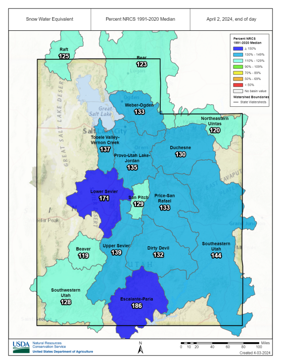 Utah’s snowpack by water basin as of April 3, 2024 (Courtesy: Division of Water Resources)
